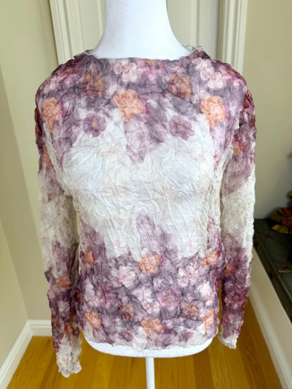 Desigual Sheer Top Muted Floral Textured Arty Pattern Blush Burgundy (M)